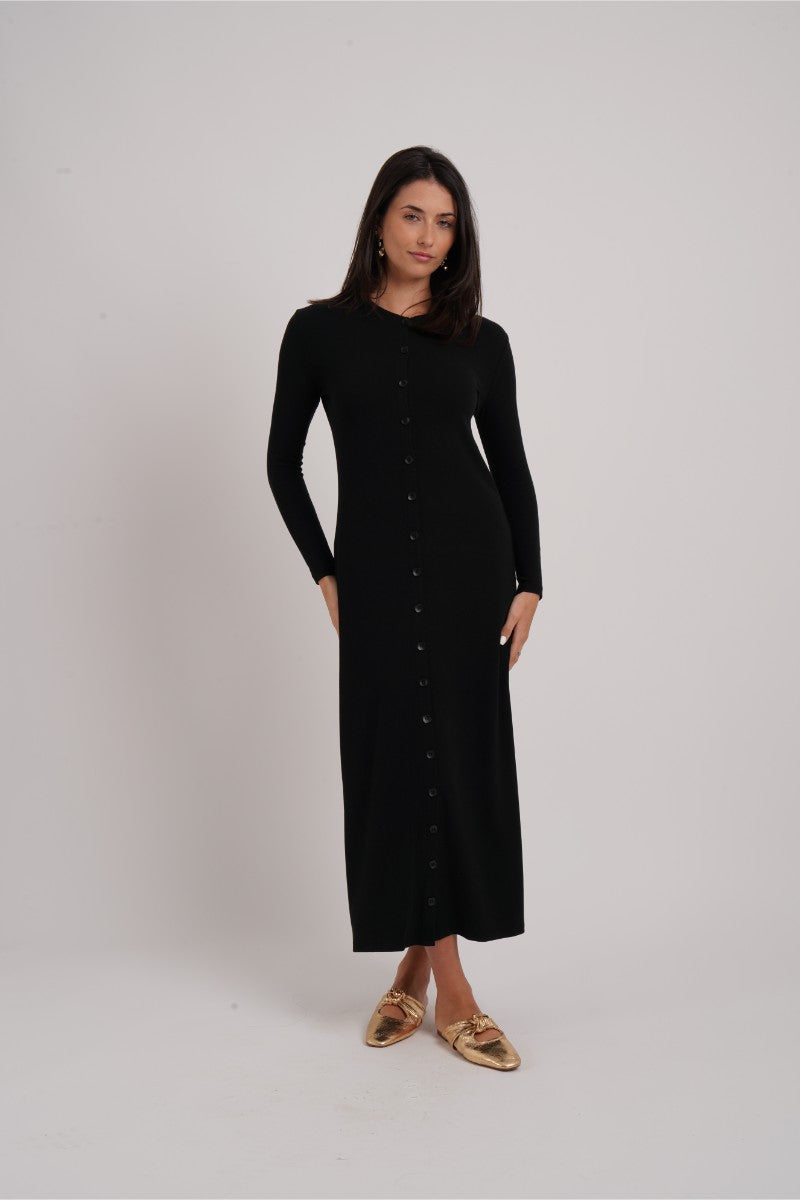 Ribbed Button Maxi Black