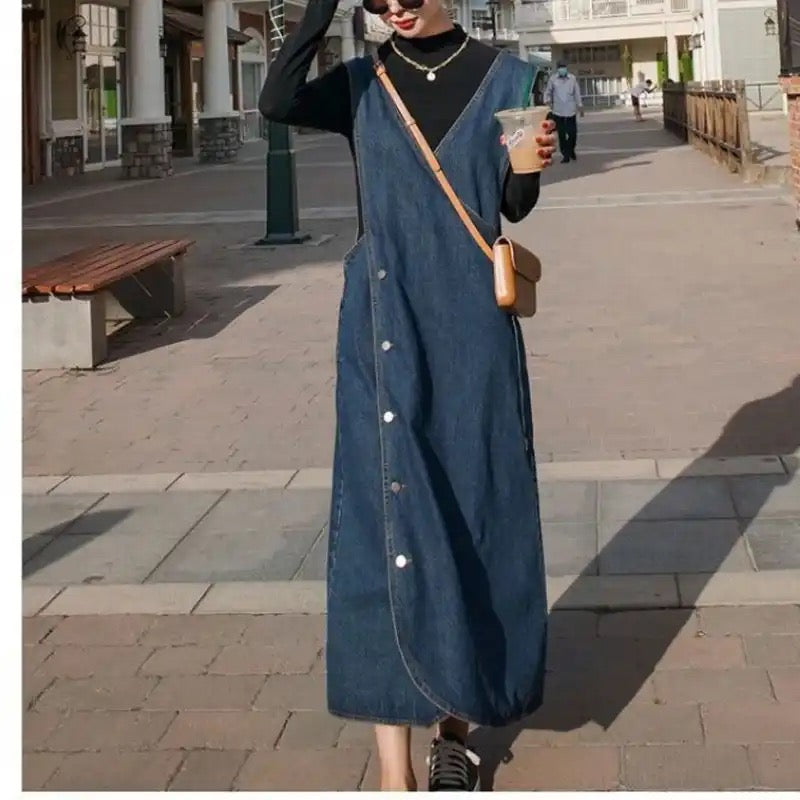 Sleeveless Button Down Denim Maxi Dress
